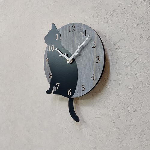 Black Cat Wall Clock with Pendulum, Natural Wood Design, Stylish Cat Lover's Gift, Cat Motif, Nordic Style Interior, Cute Accessory with Wagging Tail