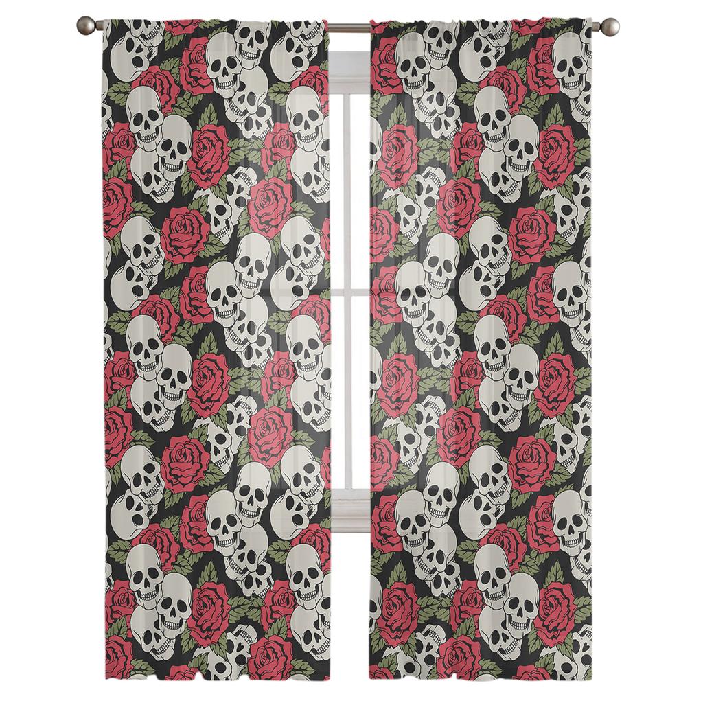 Skull Roses Flower Curtain Window Tulle For Living Room Bedroom The Kitchen Window Treatment Decorations Curtains