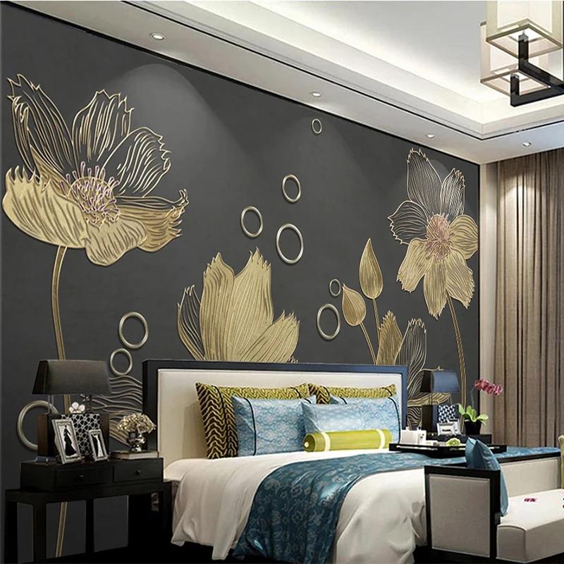 Photo Wallpaper European Style Flowers Golden Embossed Lines Mural Living Room Bedroom Light Luxury Background Wall Paper