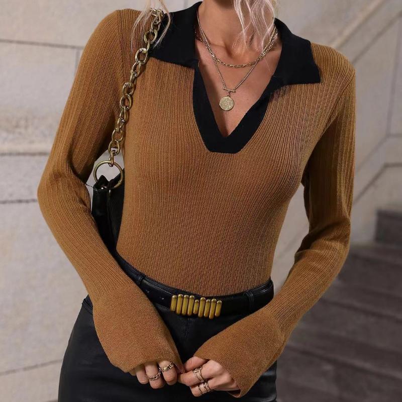 IHUASU Dámský evropský a americký podzimní a zimní pletený svetr přes hlavu se zvonovými rukávy a klopou