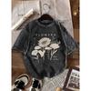 Sunflower Flower Pattern T-shirt Retro Letter Plant Print Short Sleeved Loose Round Neck, Suitable for Daily Wear