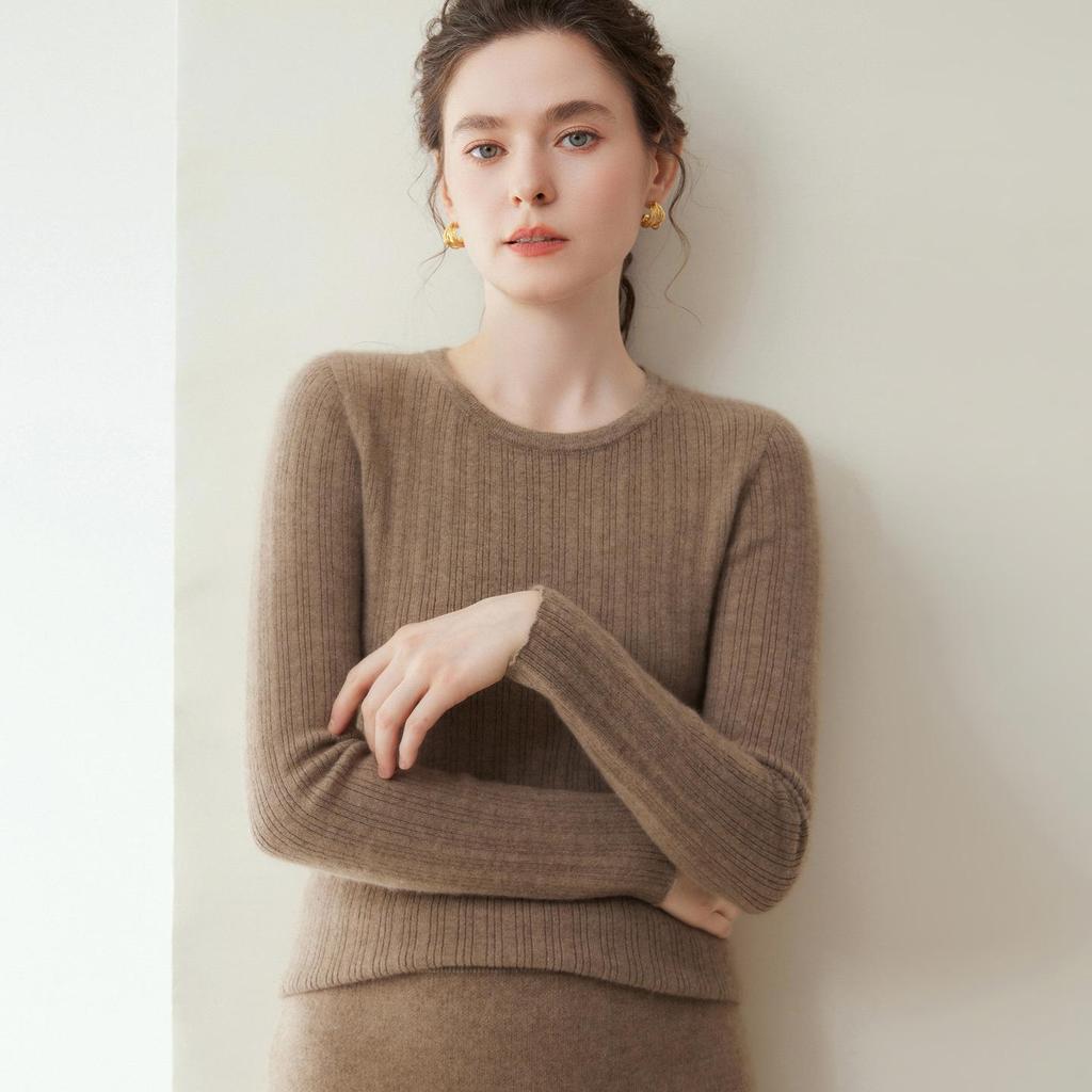 Lekasha Pure Cashmere Seamless Vertical Stripe Round Neck Base Layer Shirt for Autumn/Winter