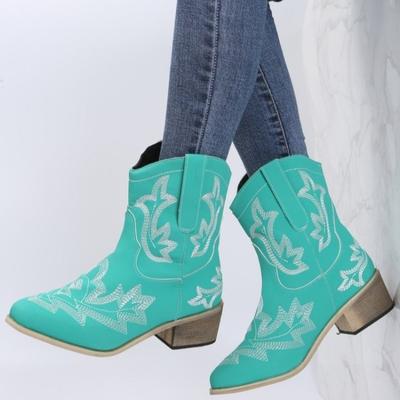 Bottes rétro européennes et américaines pour femmes, nouvelles bottes courtes décontractées à talons mi-hauts avec broderie ethnique pour automne et hiver 2024