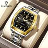 BINBOND Tonneau Dial Quartz Watches For Men Luxury Diamond Elegant Stainless Steel Waterproof Luminous TOP Brand Men Wristwatch