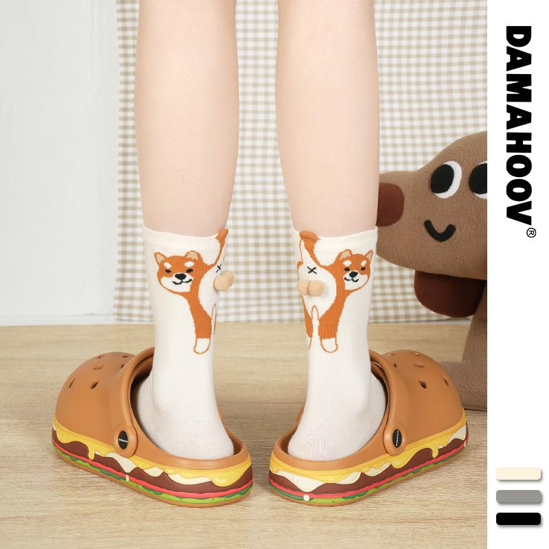1/2Pair Cartoon Cute Dog/Cat Balls Cotton Socks Lolita Knitting Socks Women Girls Middle Tube Sleep Sock Pet Print Floor Sock
