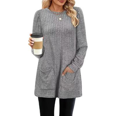 Top cu buzunar toamnă iarnă, lejer, cu gât rotund, tricou cu mânecă cu bule pentru femei