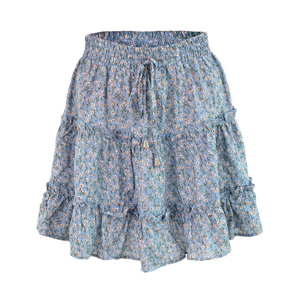 Summer Women's Casual High Waist Ruffled Floral Skirt Beach A-line Skirt