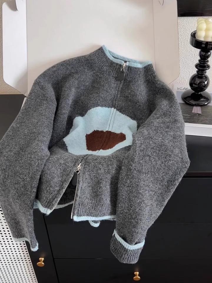 Korean Color Block Zipper Knit Cardigan - Autumn Winter Soft Fluffy Sweater, Casual & Versatile College Style