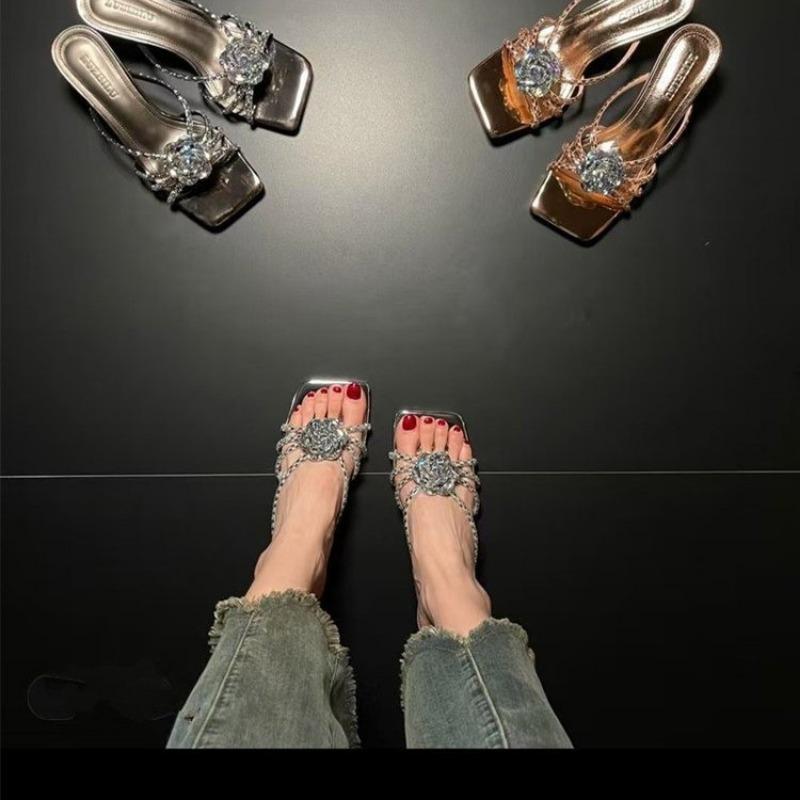 Summer Silver Sugar Cube Rhinestone High Heel Cool Slippers with Square Head High Heels Temperament Thick Heel Sandals Women
