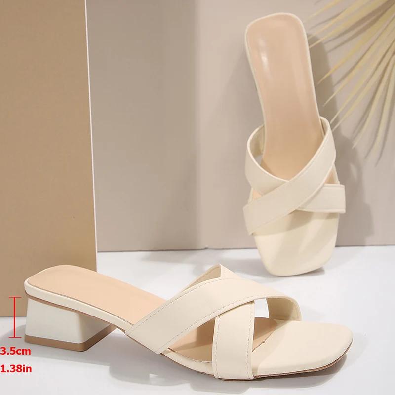 

Fashion Cross Strap Low Heel Sandals for Women 2025 Summer Comfortable Thick Heels Slippers Woman Solid Color Square Toe Slides 42 бежевый