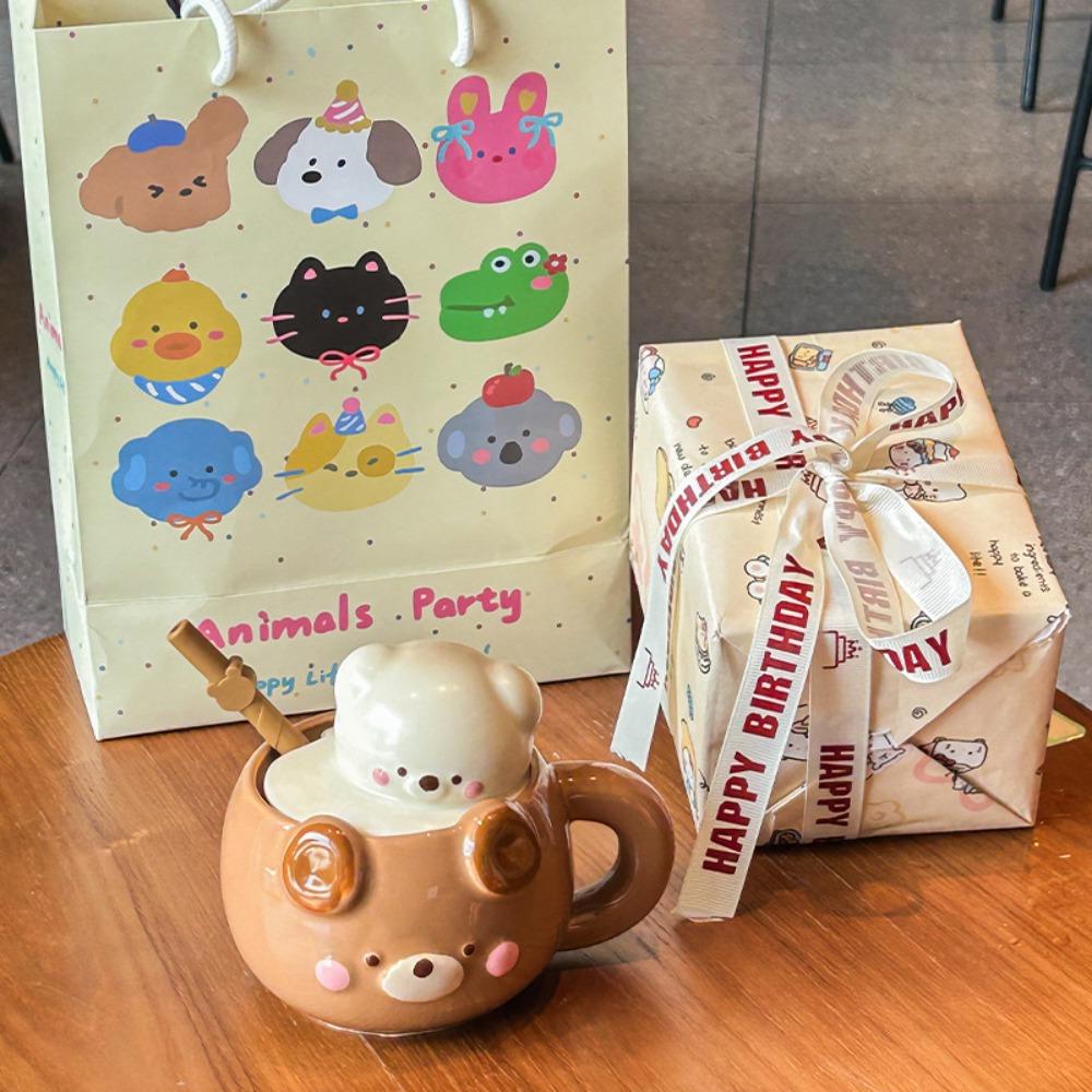 Ins krémový medvěd brčko kelímek dívka roztomilý keramický hrnek s víčkem domácí pitný kelímek dárek k narozeninám