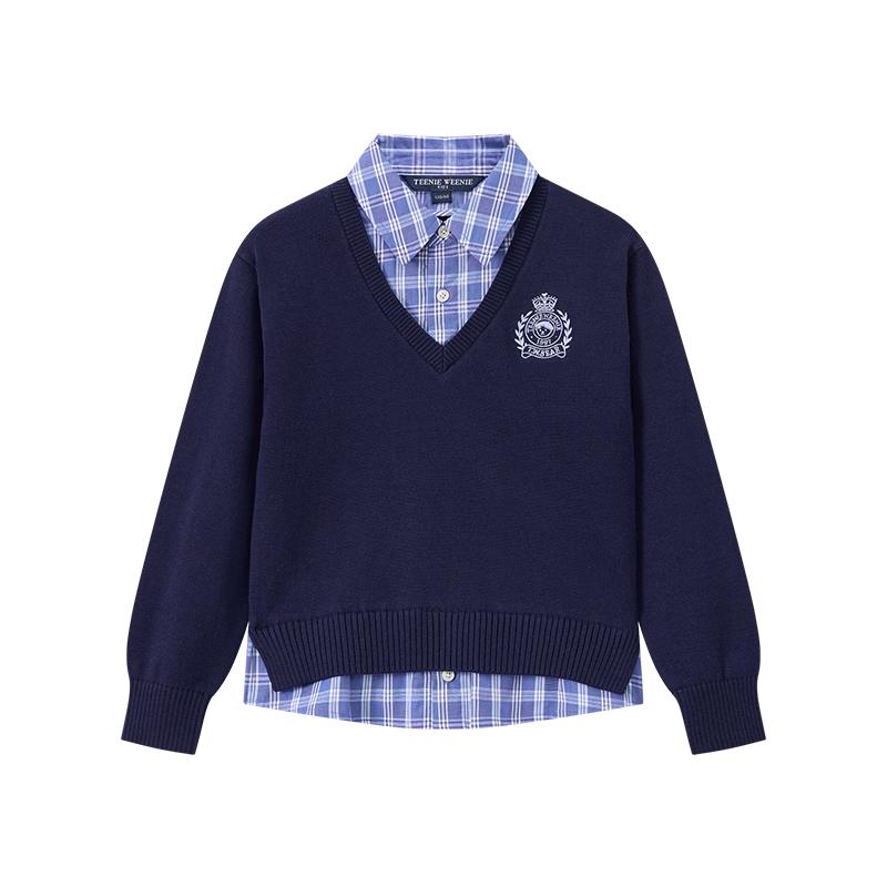 Teenie Weenie Kids Girls  Faux Two-Piece Plaid Patchwork Sweater 140