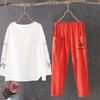 2pcs Cotton Linen Pants Suits Spring Women's Round Neck Cotton Linen Blouse Elastic Waist Cotton Linen Cropped Pants Two-Piece Set Casual Outfits