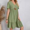 Women Summer Peplum Dresses Spring V-Neck Short Sleeve Loose Waist Ruffle Fit Flare Vacation Dresses