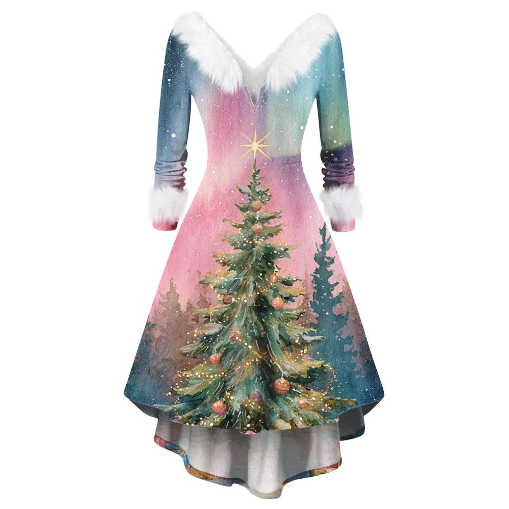 Dámské módní ležérní přiléhavé šaty s vánočním potiskem na párty s dlouhým rukávem