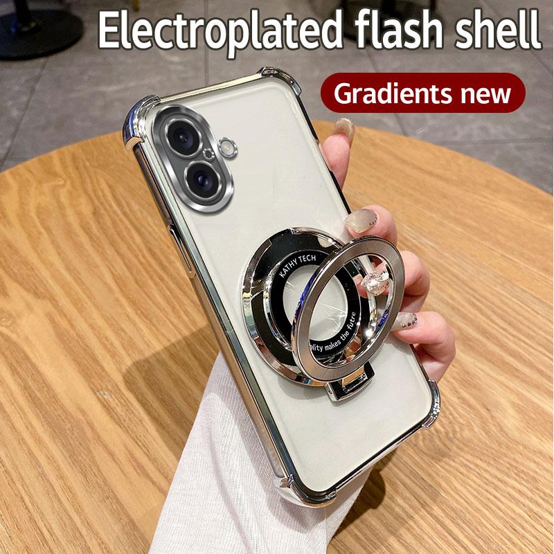 For Apple iPhone 16 Case Apple iPhone 16 Plus Cover Luxury Plating Shockproof Magnetic Bracket Magsafe Clear With Holder Stand