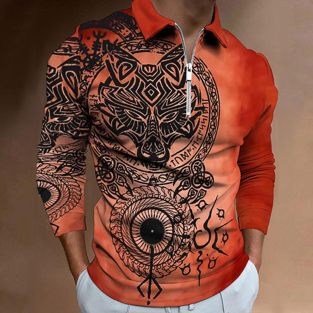 Viking Tribal Print Half-Zip Long Sleeve Polo, Fashion Casual Top