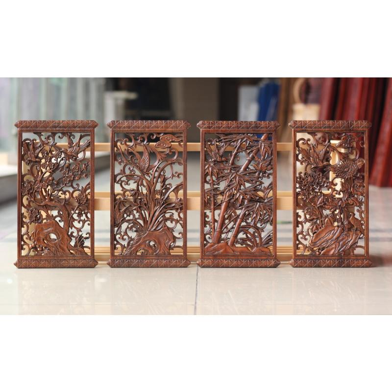 Chinese Classical Hollow Wood Carving Crafts Camphor Wood Carving Plum Blossoms Orchid  Background Wall Hanging Decor Ornaments