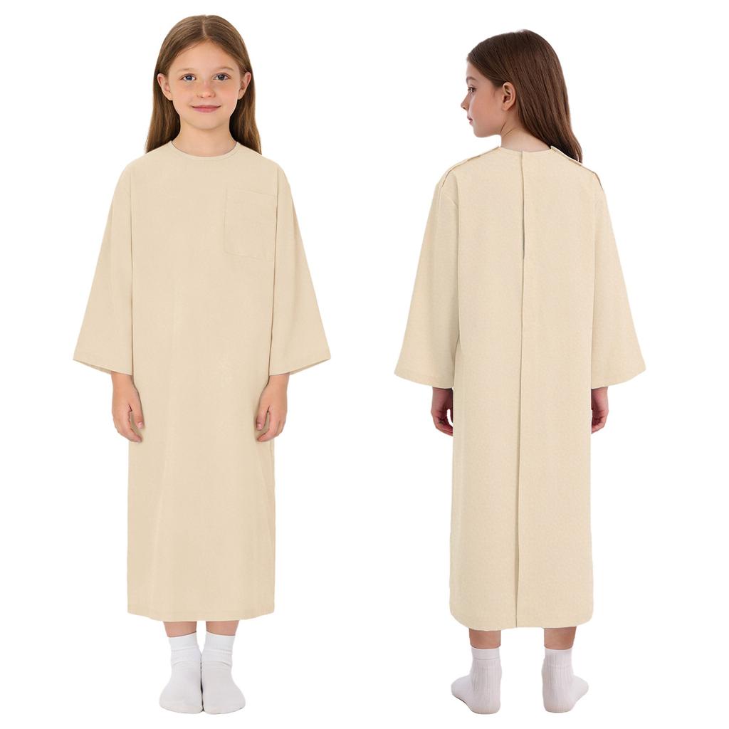 Kids Adaptive Nursing Gown Long Sleeve Back Split Hook-Loop Fastener with Pocket for Special Needs Patients