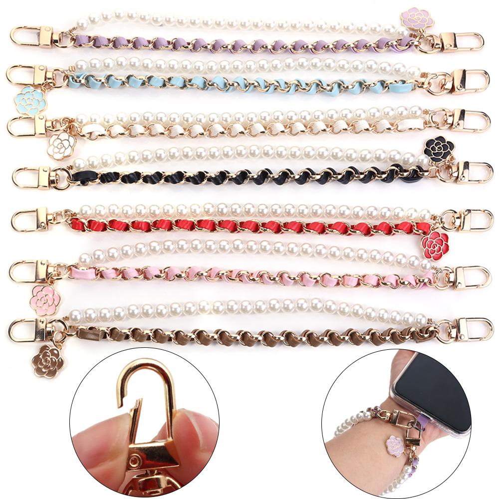 1Pc Colored Leather Imitation Pearl Chains 26cm Exquisite Camellia Phone Lanyard Extention Chain For DIY Handbags Keychain Decor