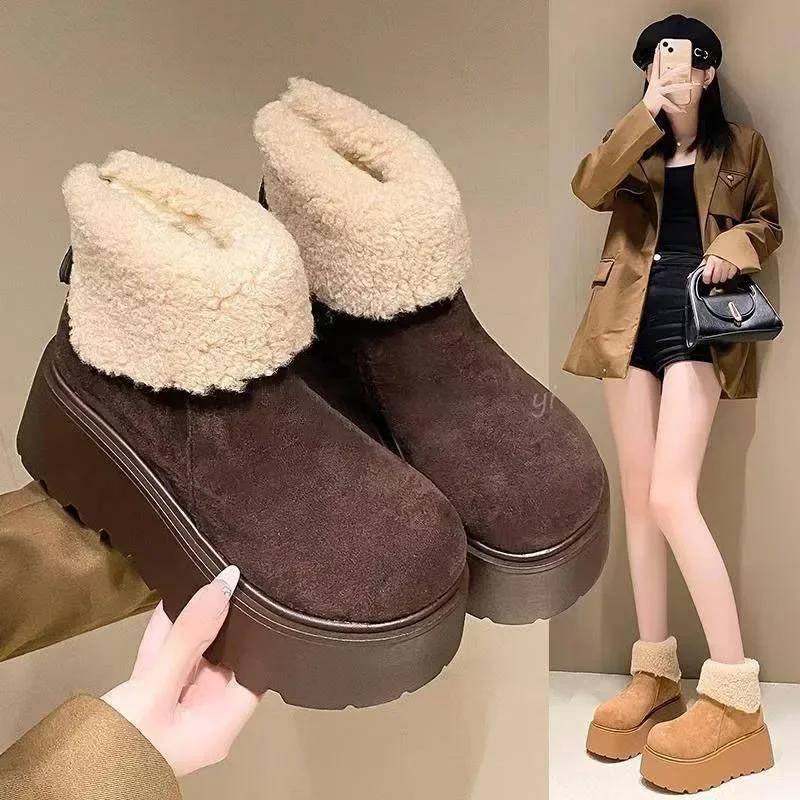 Platform Women's Snow Ankle Boots Suede Mid Heel Cotton Shoes Short Plush Warm Boots Trendy Winter Casual Boots Botas De Mujer