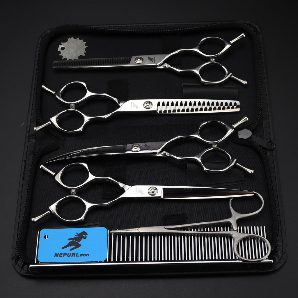 6.5-Inch Silver Miden Style Pet Grooming Scissors Set: 4-Piece Straight Shears with Fine-Toothed Comb