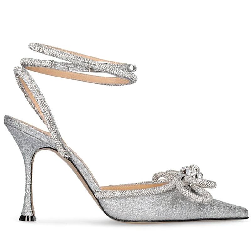 European and American high heels 2025 new bow women's shoes rhinestone pointed single shoes straps thin heel super high heel