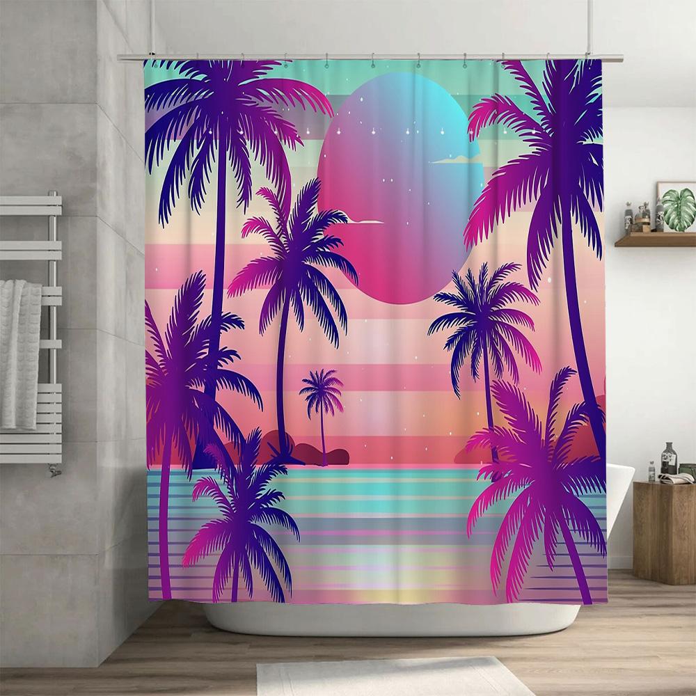 Tropical Beach Shower Curtain Ocean Sunset Palm Tree Liner Bathroom Decor Hawaiian Vibes Coastal Themed Home Textile Wall Hangin