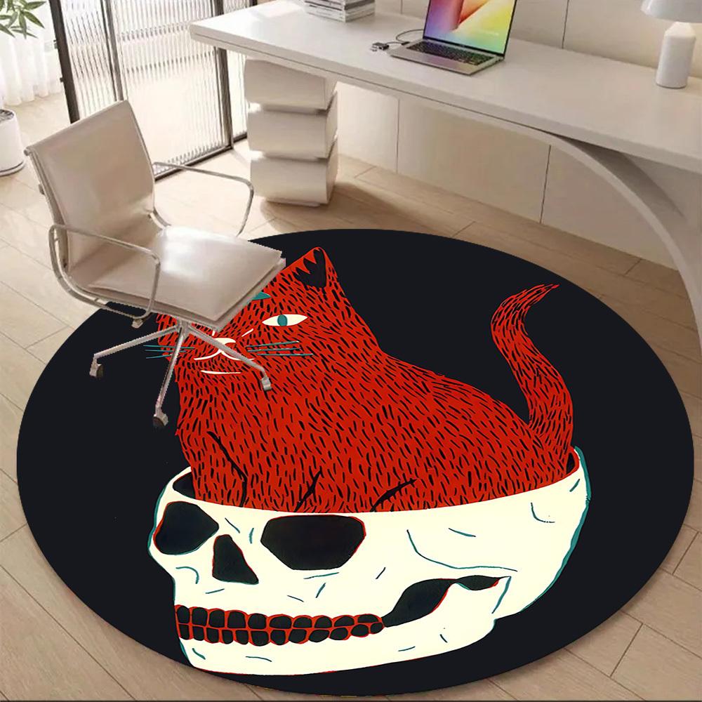 1PC Cat Skull Office Round Area Rug, Mat Suitable For Office, Under Office Chairs Bedroom Living Room Home Decor, Room Deco