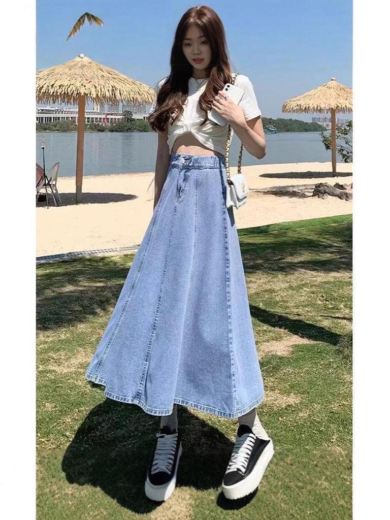 High-Waisted Plus-Size Pleated Denim Midi Skirt for Women - Slimming, Over-the-Knee, New Style