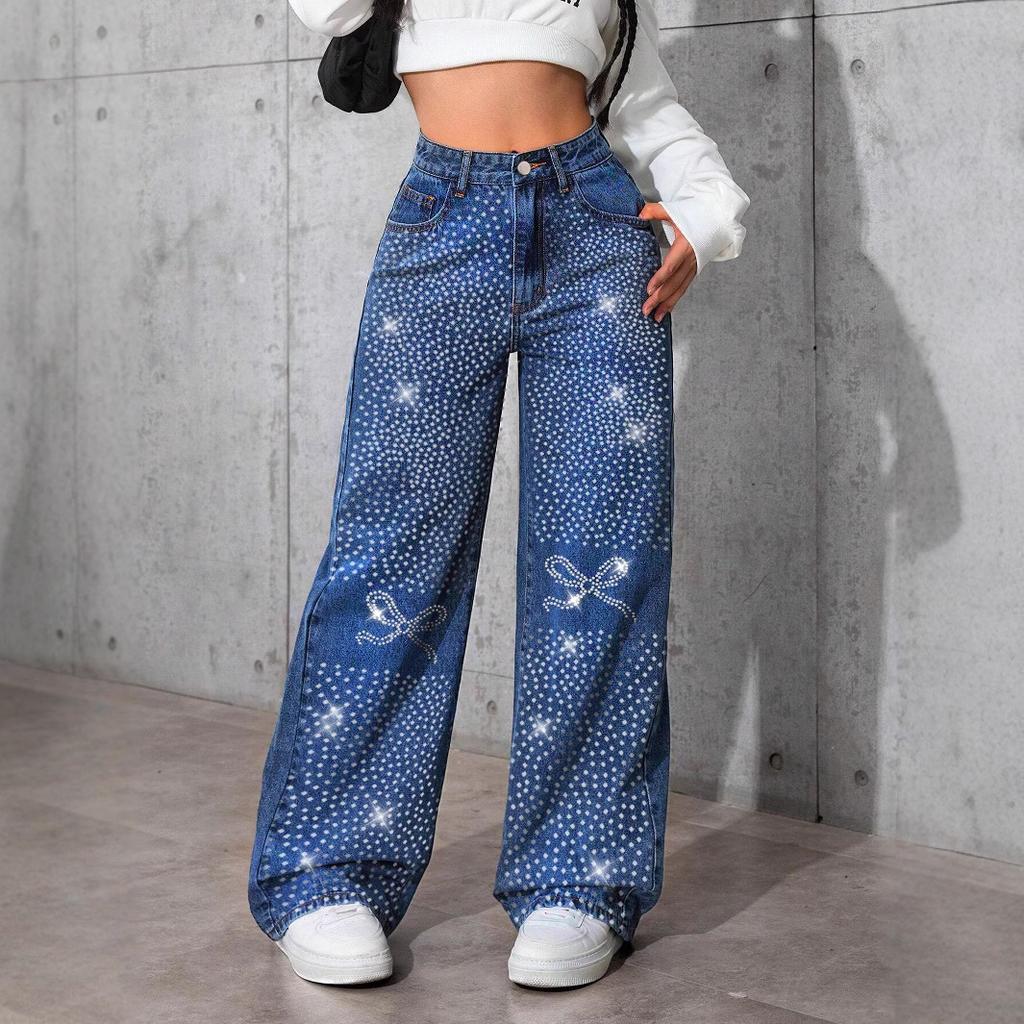 Women Rhinestone Bow Decor High Waist Wide Leg Jeans Polka Dot Print Casual Loose Fit Denim Pants