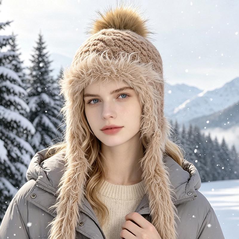 Fluffy Knit Trapper Hat Women Winter Warm Ear Flap Beanie with Pom Pom Soft Furry Ski Cap