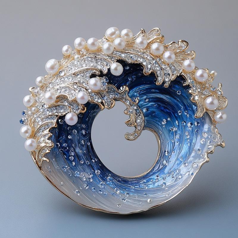 Luxury Premium Freshwater Pearl Brooch Wave Pin Enamel Badge Wave Brooch