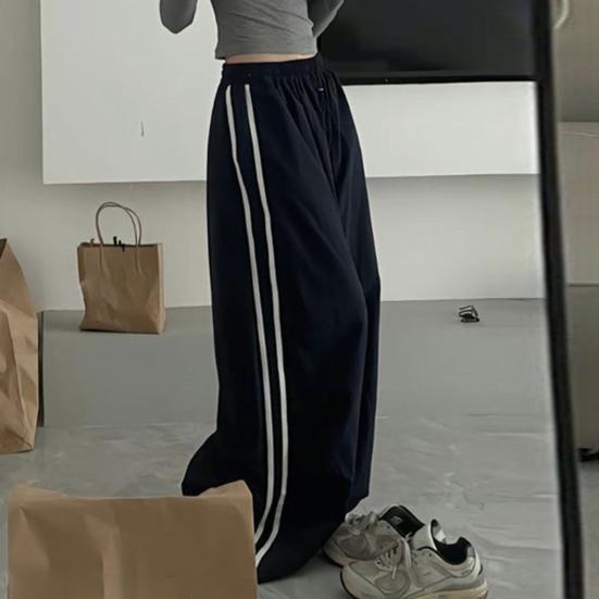 Women Cargo Pants Elastic Waist Drawstring Hem Casual Pants with Pockets Side Stripes Wide Leg Sport Pants Streetwear