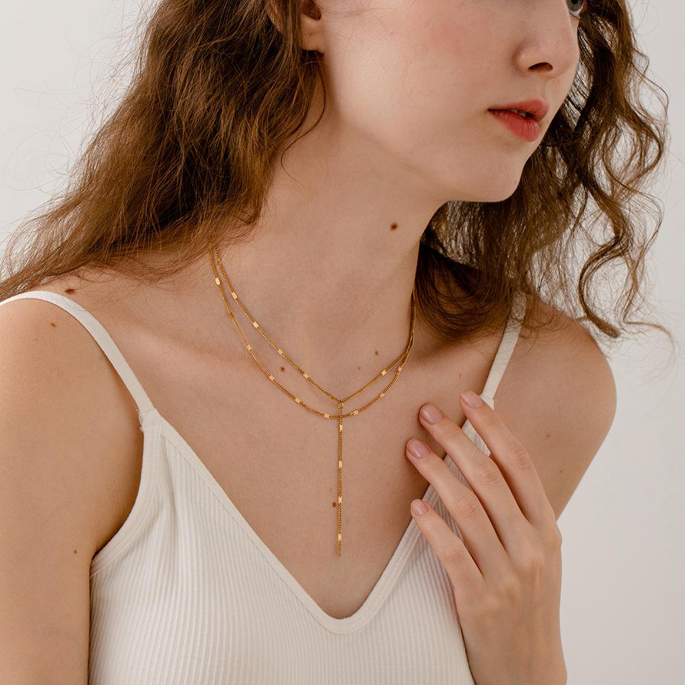 Ins Fashionable Y-shaped Double-layer Stacked Necklace Stainless Steel Plated 18k Gold Chain Simple Versatile Waterproof Jewelry