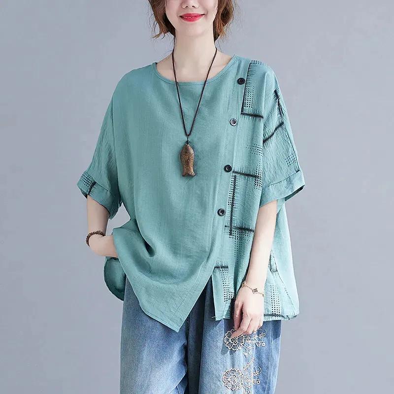 

Female Summer Unique Personalized Loose Top Artistic Short Sleeved Round Neck Asymmetrical T-shirt S озеро синього кольору