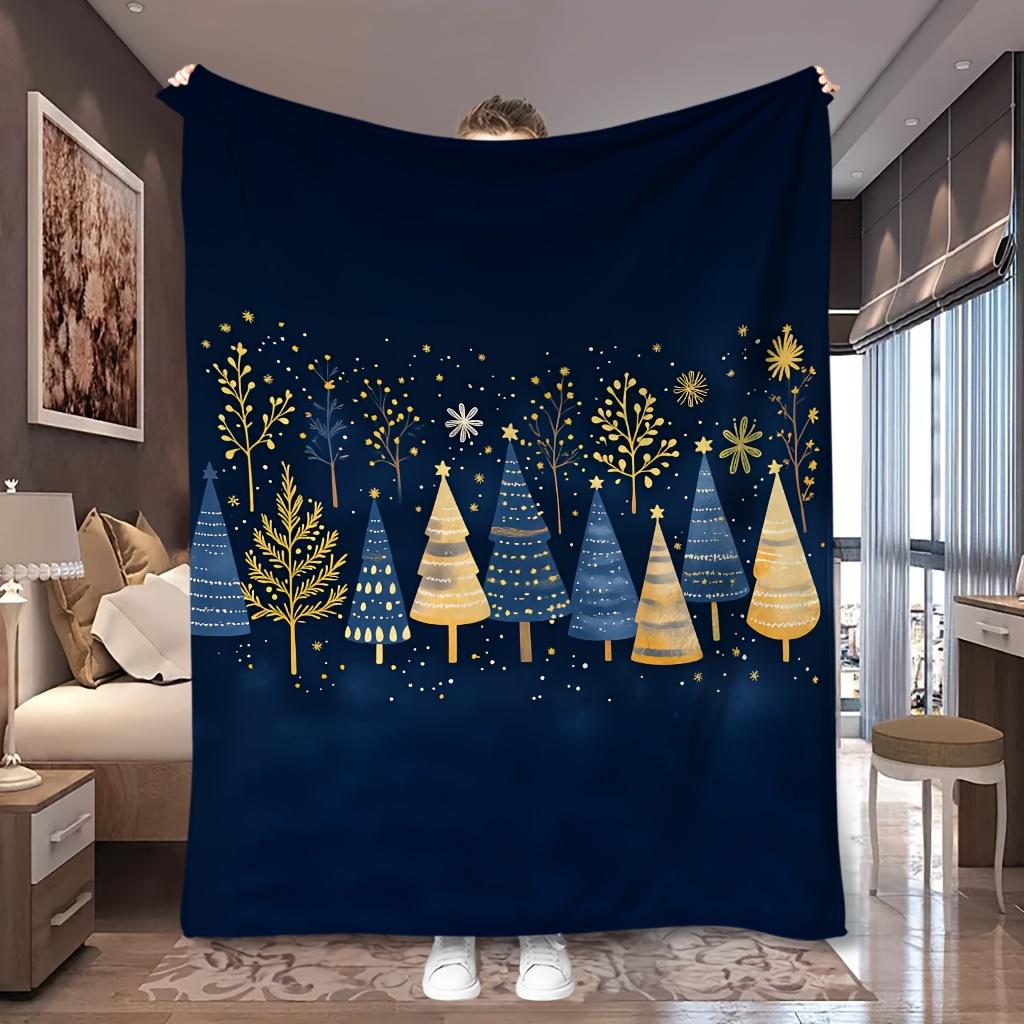 1pc Dark Blue Starry Winter Tree Print Flannel Blanket, Skin-friendly and Cozy, Suitable for Blankets, Kid Bed Covers, Game Room, Bedroom and Picnic,