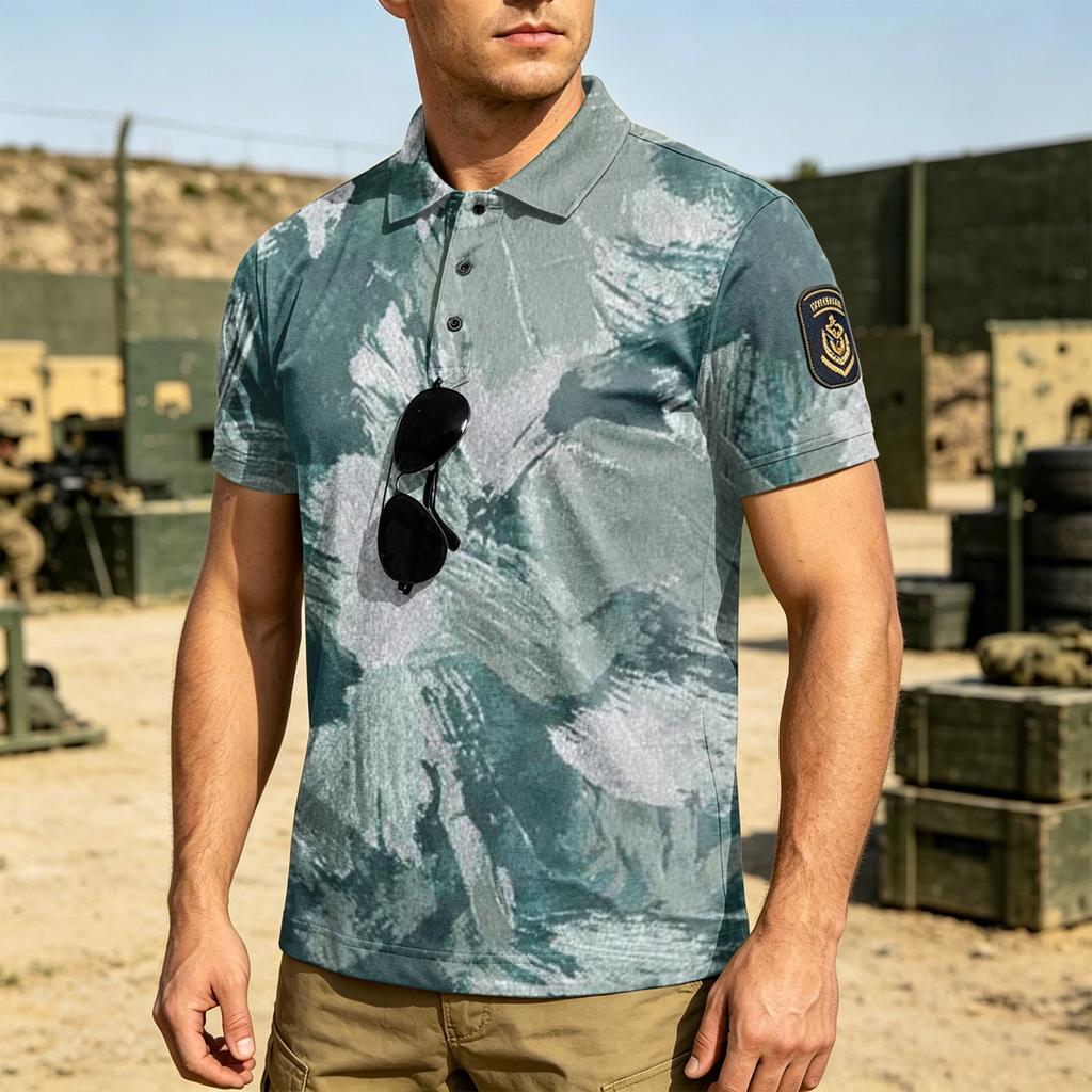 Men Tactical Polo Shirt with Hook and Loop Patch Short Sleeve Digital Print Turn Down Collar Loose Fit Outdoor Quick Dry Top