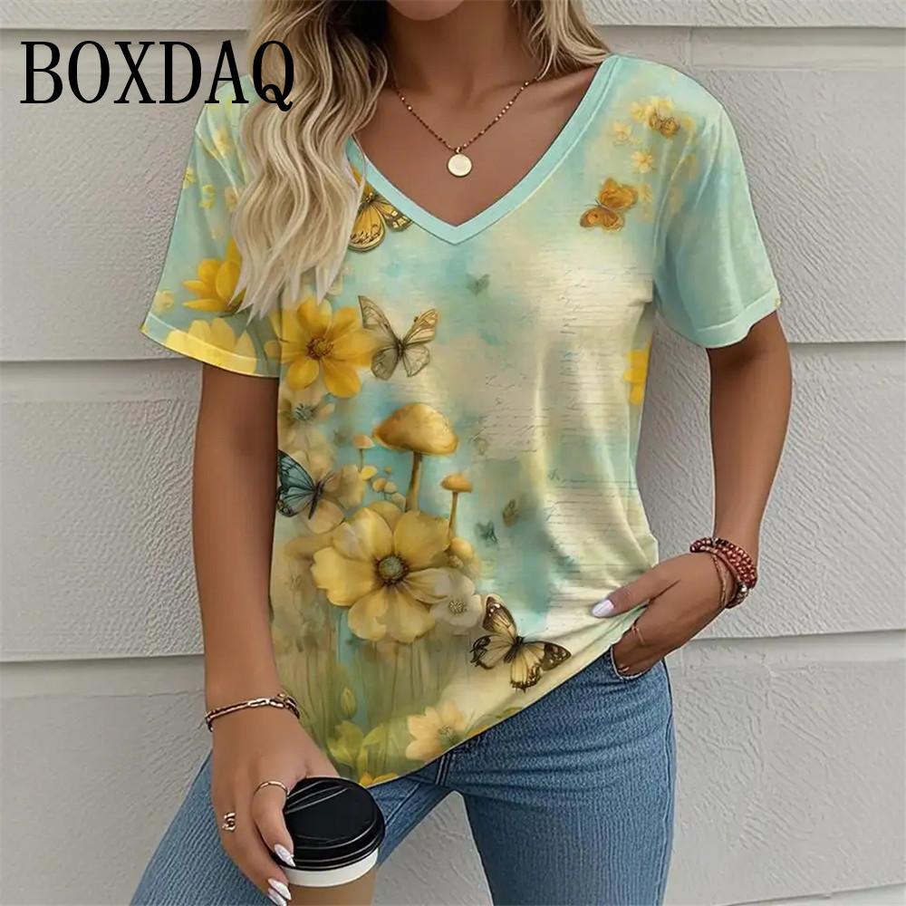 Plant Flower 3D Printed Women's T-shirt Retro V-neck Short Sleeved