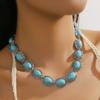 BLINGBAY Women's Chain Necklace Retro Ethnic Style Turquoise Necklace Female Personalized Carving Oval Clavicle Chain Girl Birthday Gift