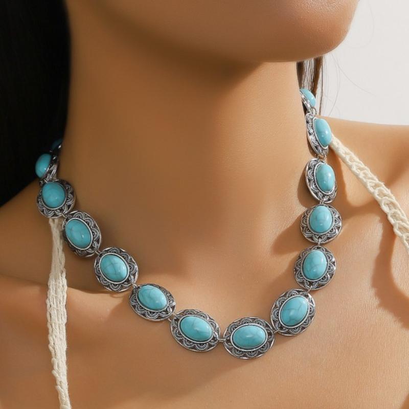BLINGBAY Women's Chain Necklace Retro Ethnic Style Turquoise Necklace Female Personalized Carving Oval Clavicle Chain Girl Birthday Gift