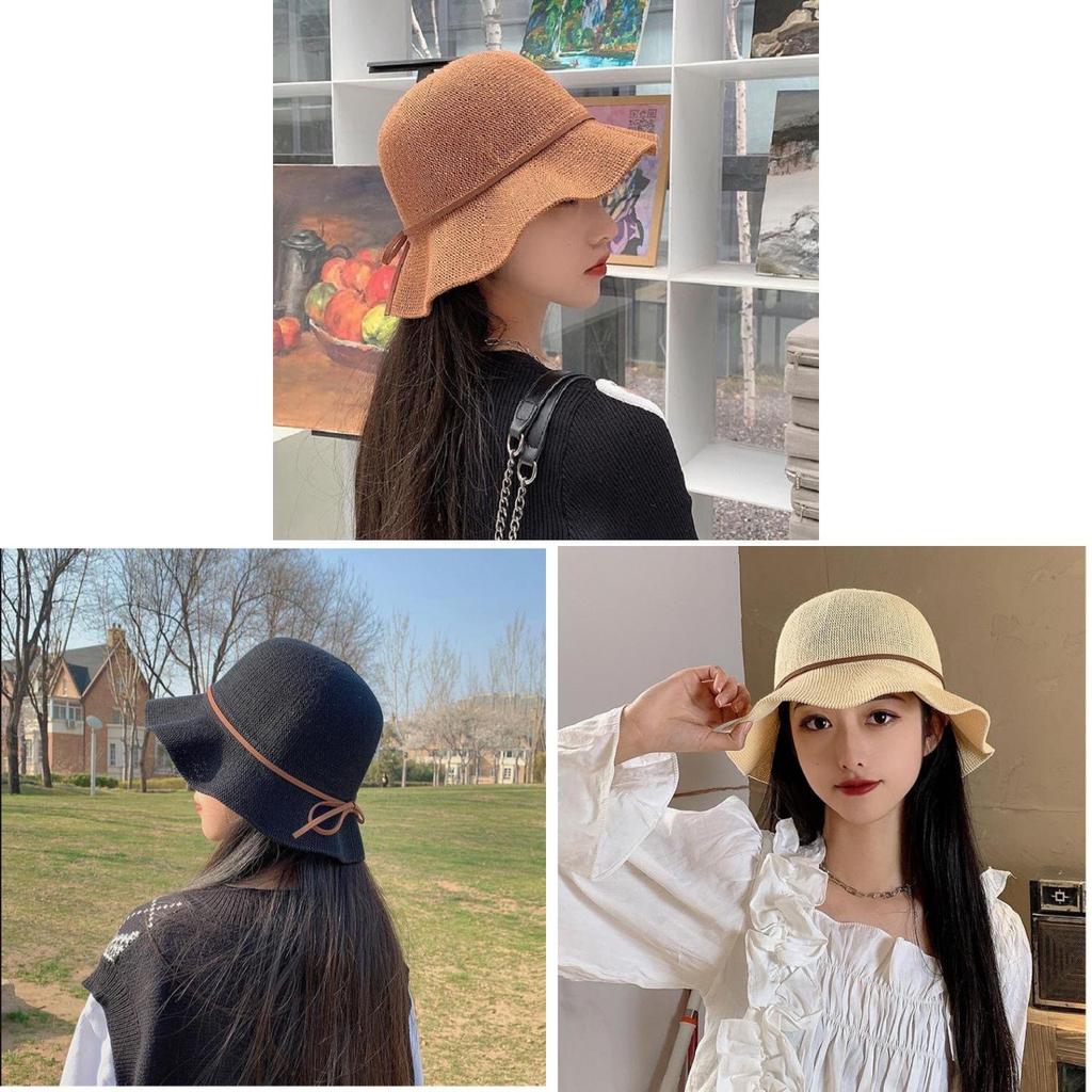 Cappello da Sole Estivo da Donna in Maglia con Fiocco a Falda Corta Protezione Solare per Uso Casual