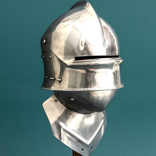Gothic Sallet Helmet 18ga Steel Bevor, LARP Knight Armor