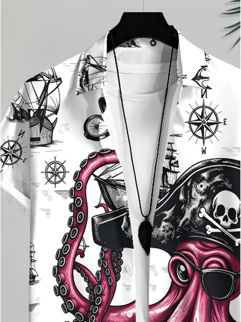 Men'S Casual Octopus Printed Short Sleeve Shirt, Polyester Material, Multiple Specifications Available, Fashionable Style for Daily Wear And Leisure