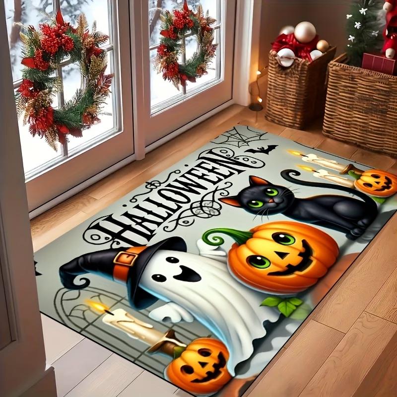 Halloween Pumpkin Doormat Black Cat Bat Welcome Rug Plaid Botanical Entrance Carpet Apartment Foyer Balcony Sunroom Floor Mat