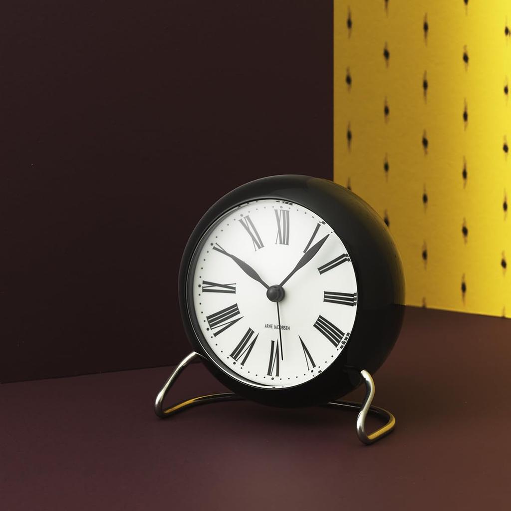 ARNE JACOBSEN Table Clock Alarm Clock 11cm Scandinavian Design Retro Alarm Sound ROMAN 43671 Black (Silent Design)