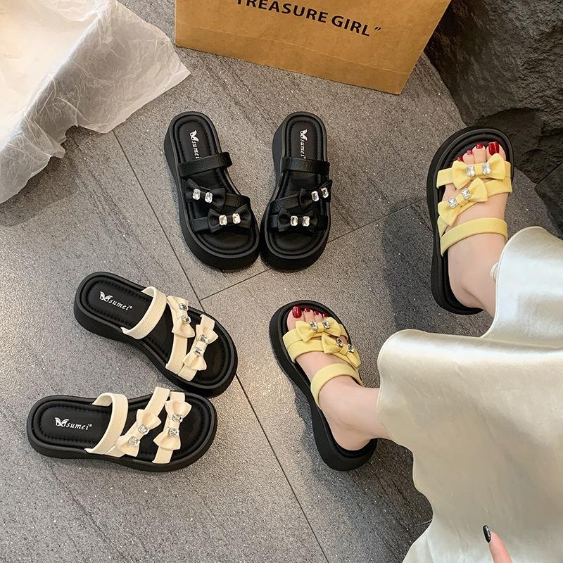 New Outer Wear Muffin Heightened Thick Heel Cool Slippers Leather Thick Bottom One-word Drag Women's Summer New