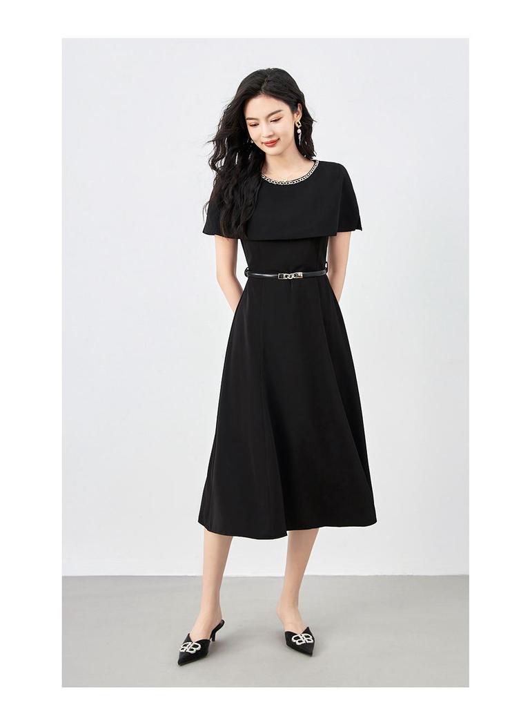 French Design Black Mid-Length Socialite Cape Dress for Women