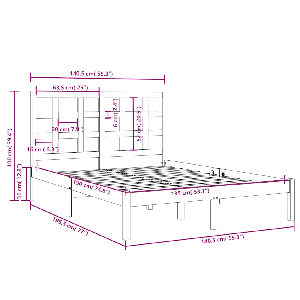 Solid Wood Bed 135 X 190 Cm