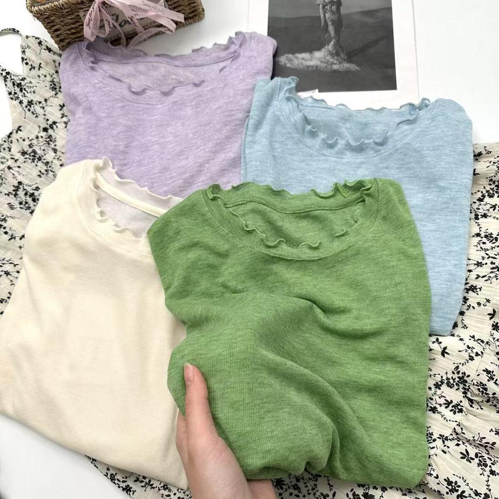 Korean Style Long-Sleeve Knit Top with Ruffle Trim - Super Soft & Lightweight, Solid Color (Y6617)